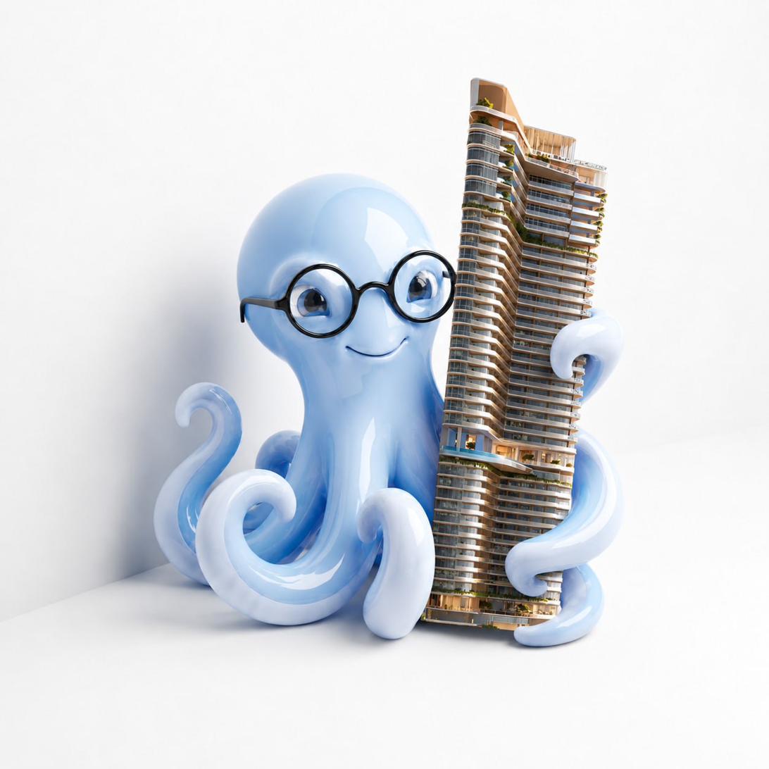 White Island mascot — a blue octopus in glasses — hugging the Nobu Residences Danang tower