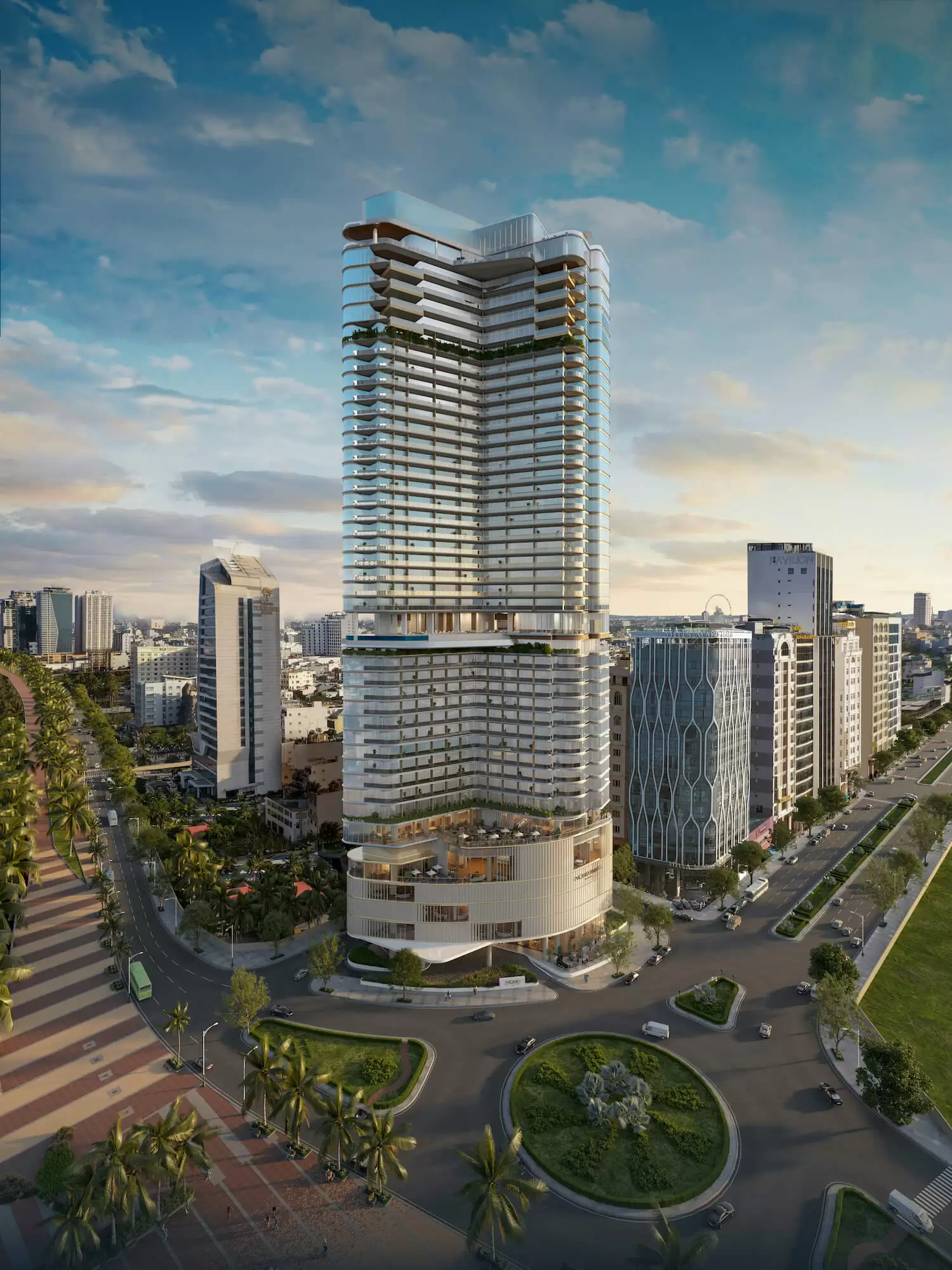 Nobu Residences Danang tower at sunset — the plaza and palms, your beachfront asset