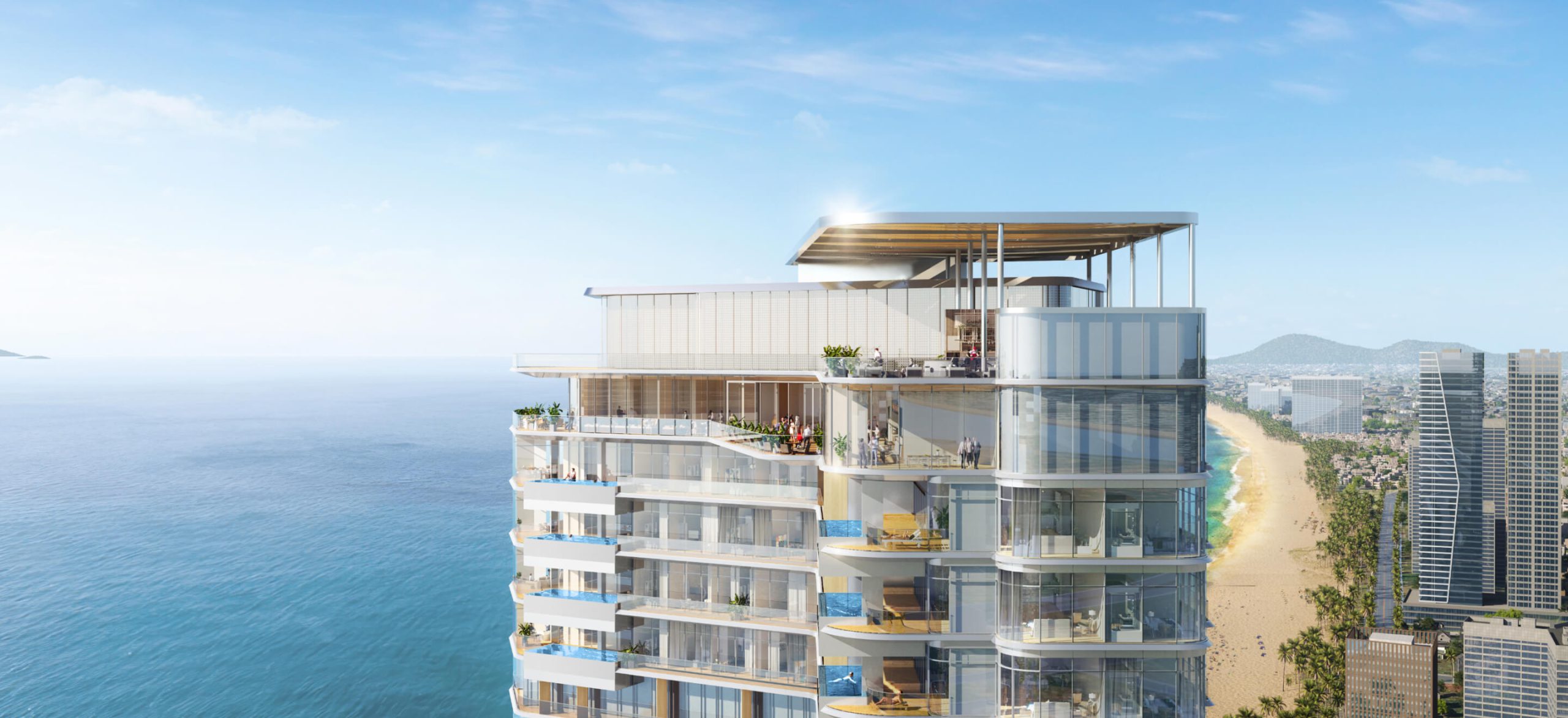 Nobu Residences Danang tower with private balcony pools, Mỹ Khê beach and the South China Sea