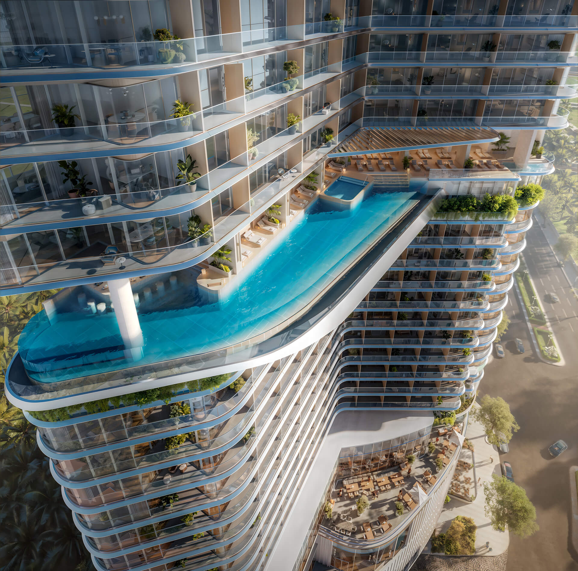 The cantilevered Katamochi infinity pool at Nobu Residences Danang, close up