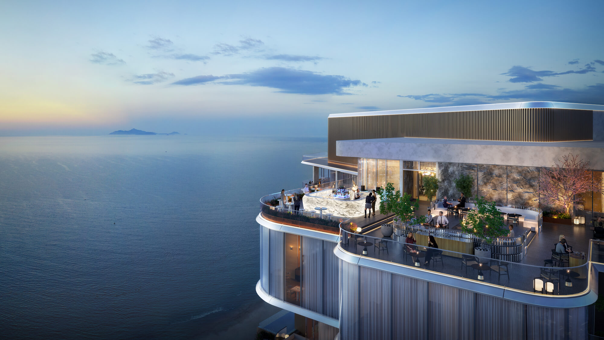 Tsukimidai Sky Bar at Nobu Residences Danang at sunset — sea, marble and a full panorama