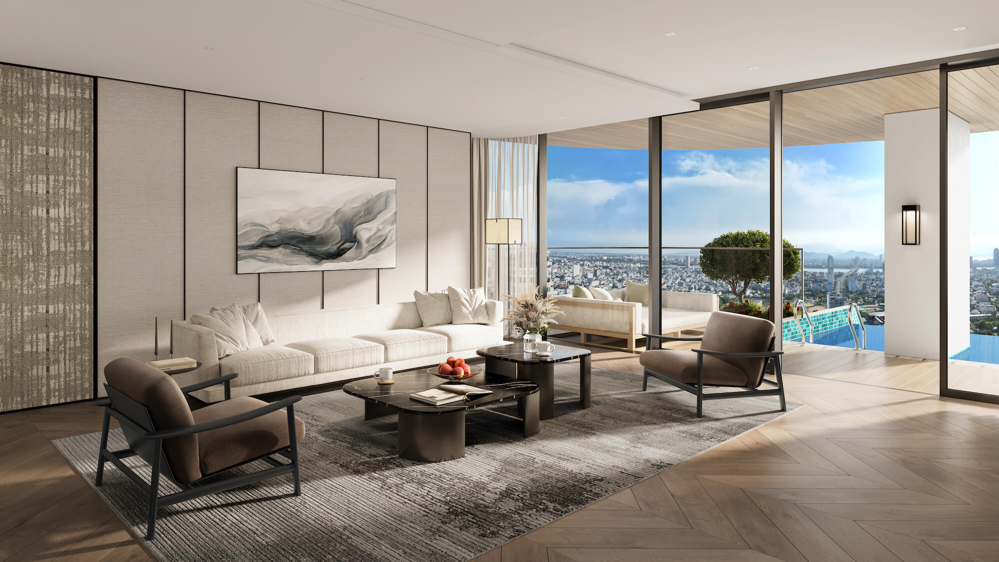 Nobu Residences Danang Sky Villa — living room with a private balcony pool and views over the city and river